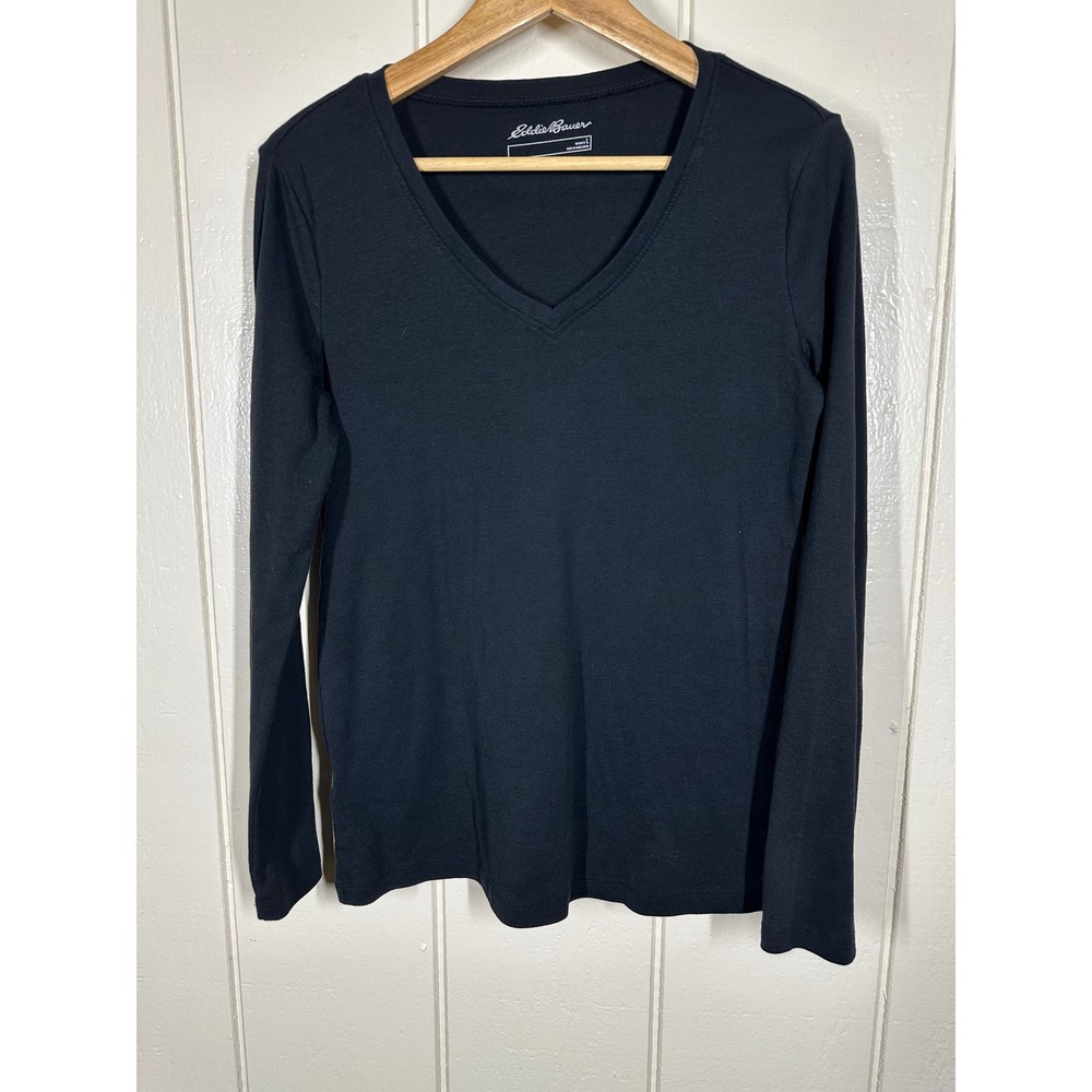 Eddie Bauer Top Women L Black V-Neck Long Sleeve Solid Jersey Casual Tee